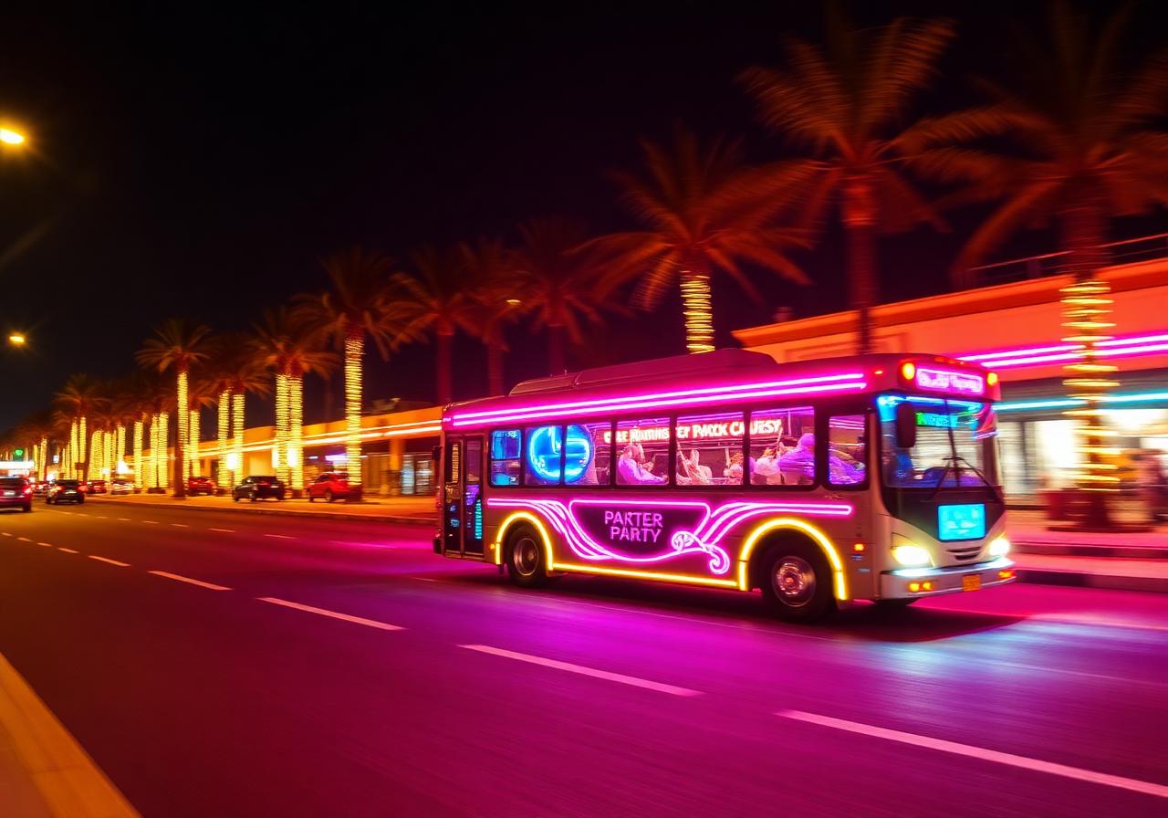 Party Bus mit Neon-Beleuchtung am Goldstrand